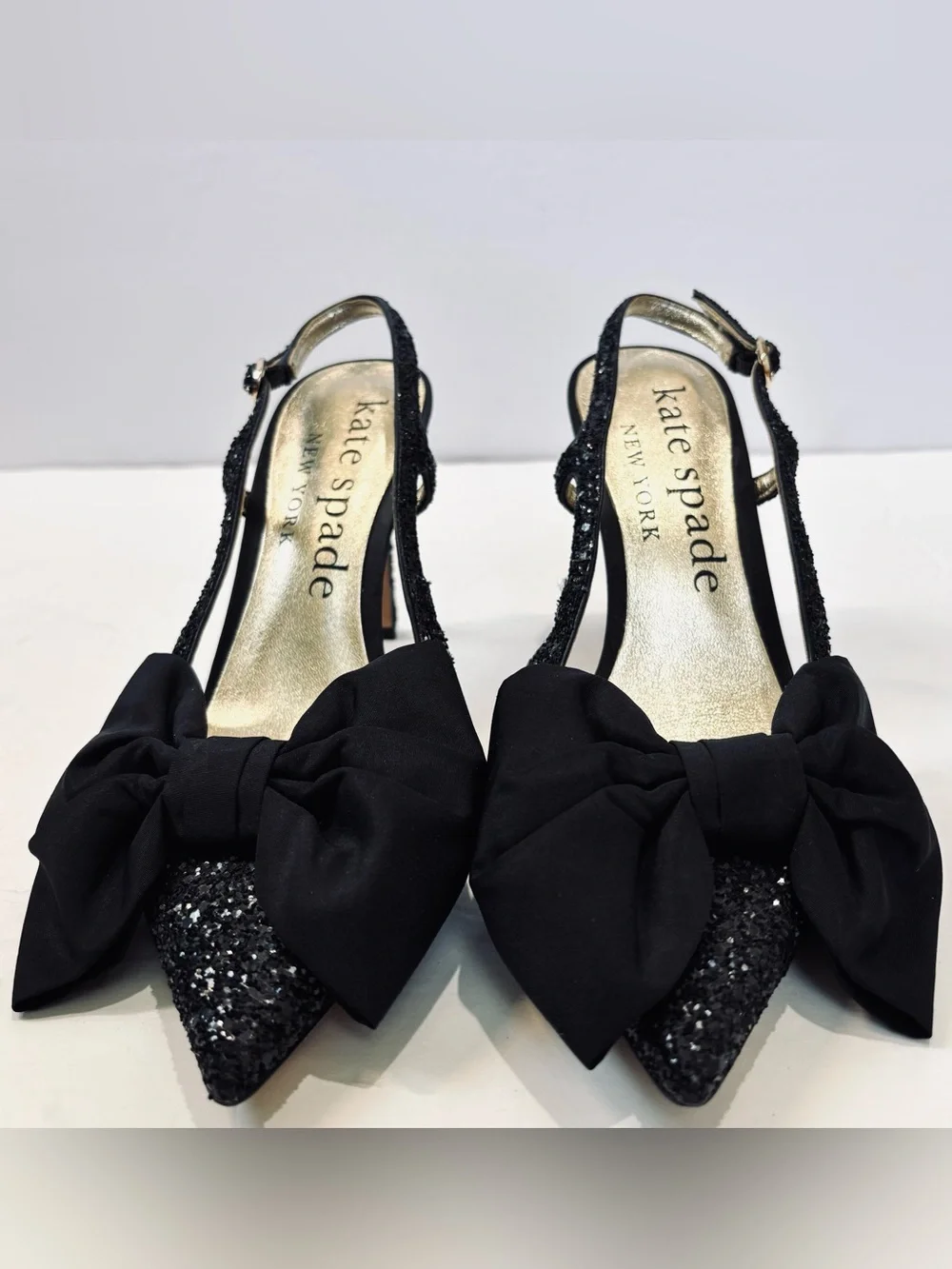 Kate Spade Sheela Black Glitter Silk Bow Slingback Pointed Toe Party Heel Pumps